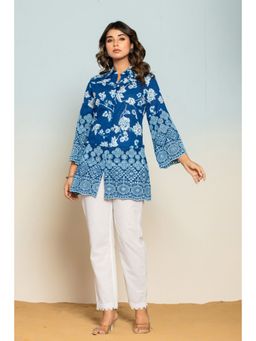 Autumnlane - Women Blue Cotton Collar Neck Floral Co-Ord (Set of 2)