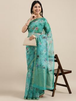 Sangam Prints - Turquoise Organza Digital Print Saree with Unstitched Blouse with Unstitched