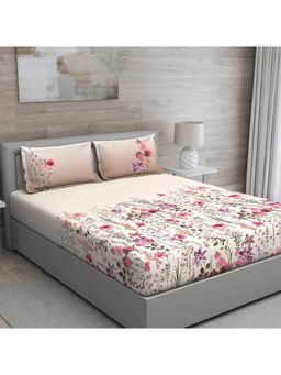 GM - Pink Purple And Green Floral 150 Tc Cotton Queen Bedsheet With 2 Pillow Covers