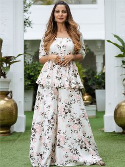 Lavanya The Label - Off White Rayon Printed Peplum And Palazzo (Set of 2)