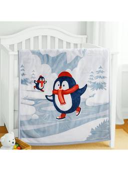 Hopop - Ultra Soft Plush Baby Blanket for Babies Warm and Cozy ( 0-2 Years)-Blue- Skating Penguins