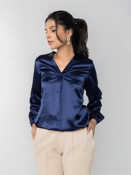 PRET PITAARA - Navy Blue Satin V-Neck Top