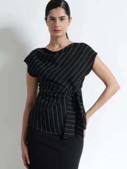 FableStreet - Black Stripes Waist Tie-Up Top