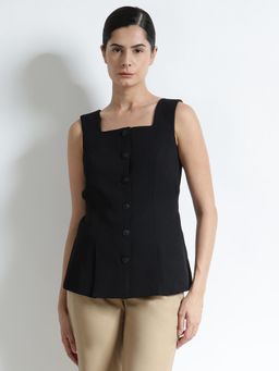 FableStreet - Black Square Neck Waistcoat Top