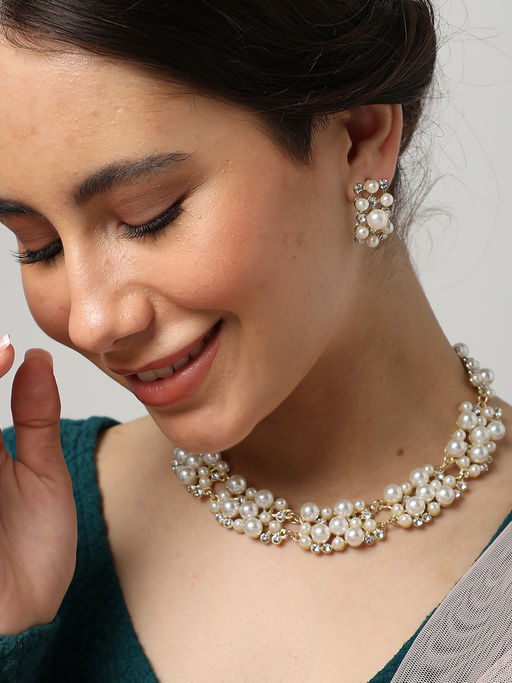 Sohi Women Gold Plated White Pearl Jewellery (Set of 2)