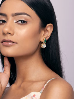 Indya - Gold Green Multi Shape Kundan Drop Earrings