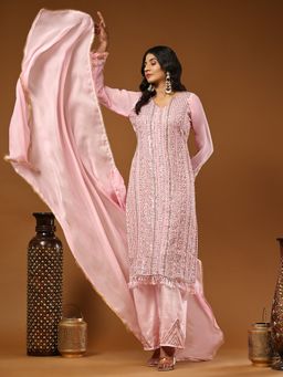 Odette - Pink Embellished With Embroidered Georgette Semi Stitched Suit (Set of 3)