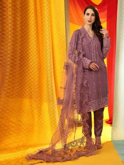 Odette - Purple Embellished With Embroidered Georgette Semi Stitched Suit (Set of 3)