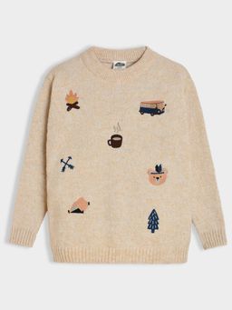 Mi Arcus - Beige Embroidered Full Sleeves Round Neck Sweater