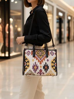 The House Of Ganges - Multi-Color Charlotte Handloom Box Tote Bag with Detachable Strap (L)