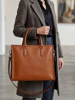 The House Of Ganges - Brown Charlotte Vegan Leather Box Tote Bag with Detachable Strap (L)