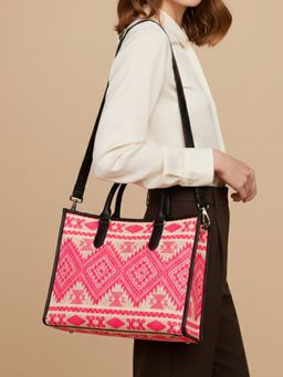 The House Of Ganges - Pink Charlotte Handloom Box Tote Bag with Detachable Strap (L)