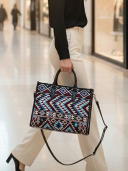 The House Of Ganges - Multi-Color Charlotte Handloom Box Tote Bag with Detachable Strap (L)