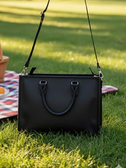 The House Of Ganges - Black Charlotte Vegan Leather Box Tote Bag with Detachable Strap (L)