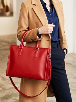 The House Of Ganges - Red Charlotte Vegan Leather Box Tote Bag with Detachable Strap (L)