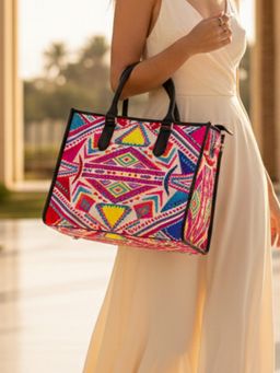 The House Of Ganges - Multi-Color Charlotte Handloom Box Tote Bag with Detachable Strap (L)