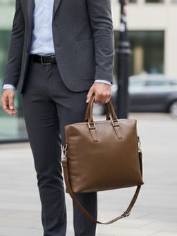 The House Of Ganges - Brown Will 15 Inch Vegan Leather Laptop Bag & Detachable Strap (L)