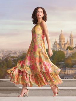 W - Yellow Floral Printed Shoulder Straps Dress