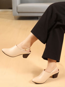 Carlton London - Women Beige Backstrap Pointed Toe Sandal Heels