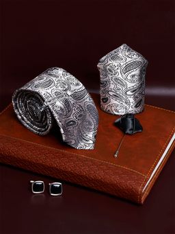 Louis Stitch - Mens Grey & Black Mist Silk Necktie Accessory Gift Set