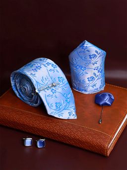 Louis Stitch - Mens Azure Blue Silk Necktie Accessory Gift Set