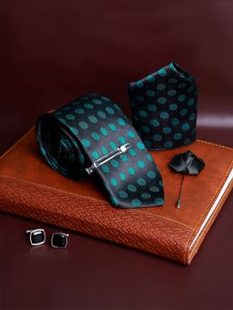 Louis Stitch - Mens Black & Green Silk Necktie Accessory Gift Set