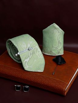 Louis Stitch - Mens Mint Green Silk Necktie Accessory Gift Set