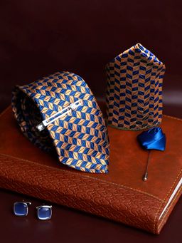 Louis Stitch - Mens Orange & Navy Blue Silk Necktie Accessory Gift Set