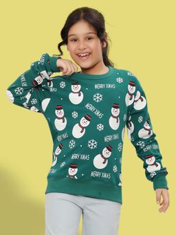 Ninos Dreams - Green Christmas Full Sleeves Girls Snowman Printed Sweatshirt