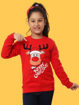 Ninos Dreams - Reindeer Print Girls Full Sleeves Christmas Sweatshirt