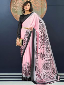 Odette - Pink Festive Crepe Printed Saree with Unstitched Blouse