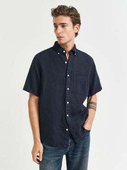 GANT - Men Blue Solid Button-Down Collar Short Sleeves Shirt