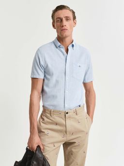 GANT - Men Blue Solid Button-Down Collar Short Sleeves Shirt