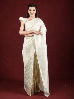 EXCLUSIVA - Cream Linen Saree Zari Woven Work with Unstitched Blouse