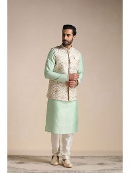 Manyavar - Green Blended Viscose & Art Silk Solid Kurta Jacket Pyjama (Set of 3)