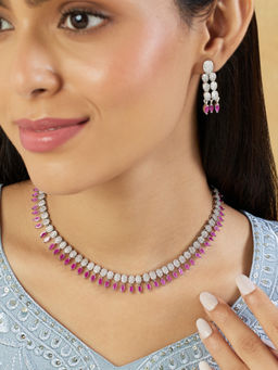 Indinoor - Pink Ruby Zircon Silver Jewellery Set