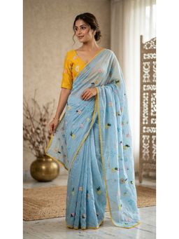 HANDME - Aasmaani Blue Floral Embroidered Mul Chanderi Saree with Unstitched Blouse
