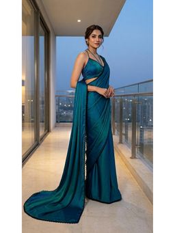 HANDME - Teal Chroma Saree with Scalloped Lace Detail and Unstitched Blouse
