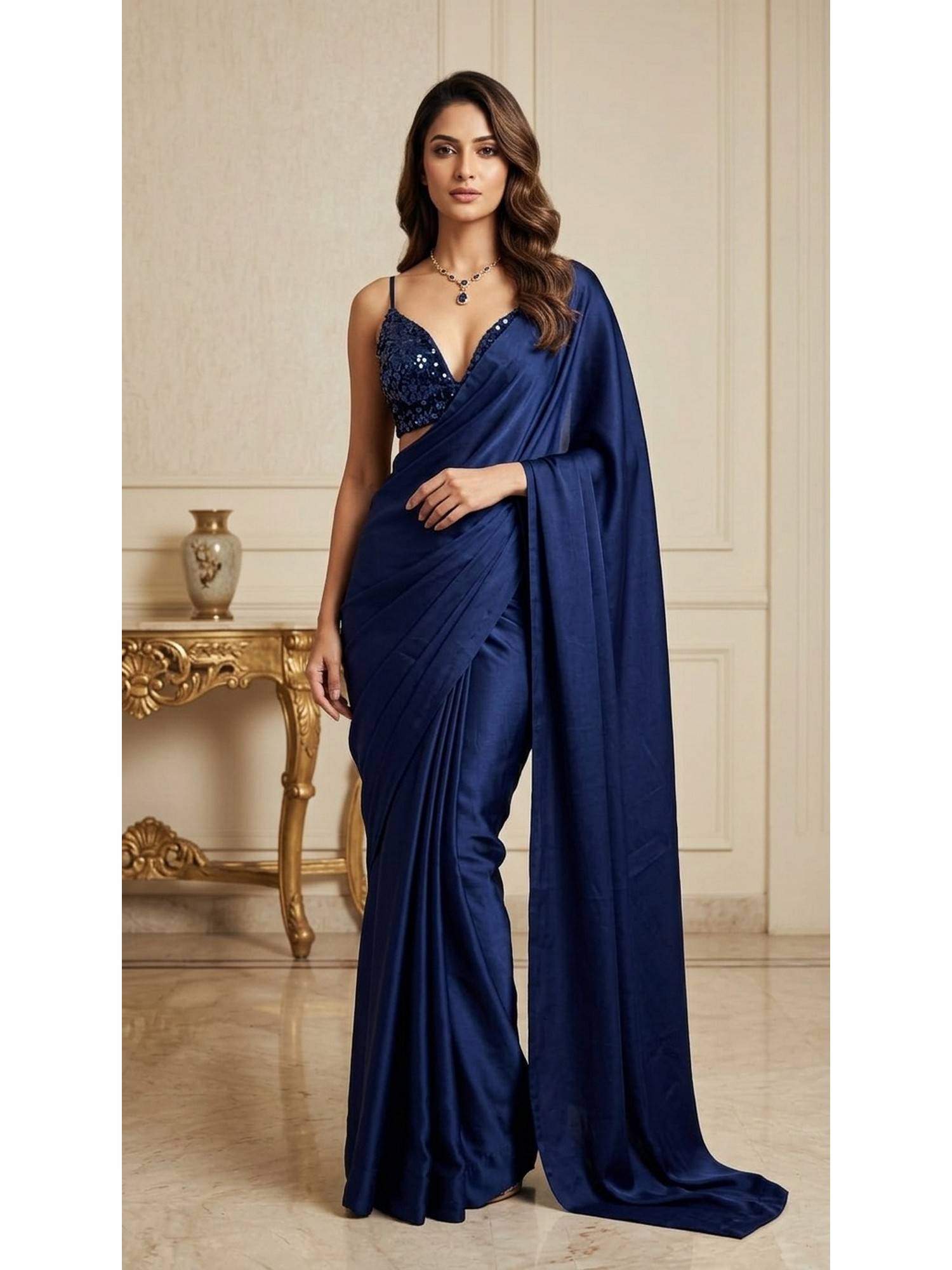 handme Midnight Muse Navy Blue Satin Saree With Sequins Unstitched Blouse-picture-19