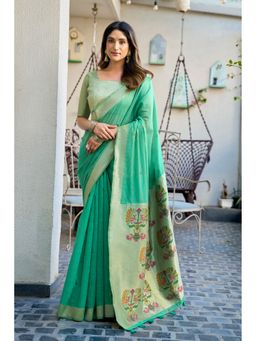 Mysilklove - Women Viridian Green Handloom Cotton Saree with Unstitched Blouse