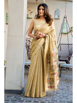Mysilklove - Women Beaver Cream Handloom Cotton Saree with Unstitched Blouse