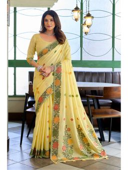 Mysilklove - Women Daffodil Yellow Floral Handloom Linen Saree with Unstitched Blouse