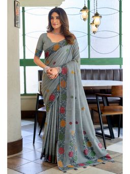 Mysilklove - Women Arsenic Grey Floral Handloom Linen Saree with Unstitched Blouse
