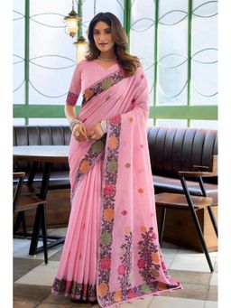Mysilklove - Women Pastel Pink Floral Handloom Linen Saree with Unstitched Blouse