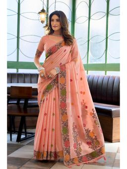 Mysilklove - Women Neon Peach Floral Handloom Linen Saree with Unstitched Blouse