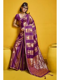 Mysilklove - Women Cosmos Purple Banarasi Handloom Satin Silk Saree with Unstitched Blouse