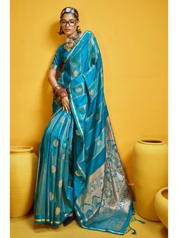Mysilklove - Women Liberty Blue Banarasi Handloom Satin Silk Saree with Unstitched Blouse