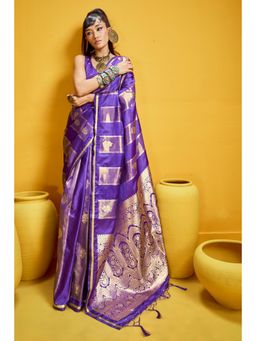 Mysilklove - Women Deep Purple Banarasi Handloom Satin Silk Saree with Unstitched Blouse