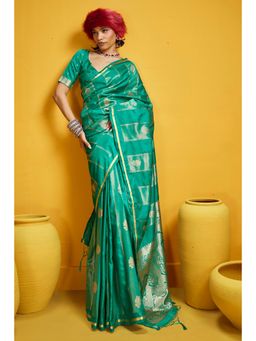 Mysilklove - Women Forest Green Banarasi Handloom Satin Silk Saree with Unstitched Blouse