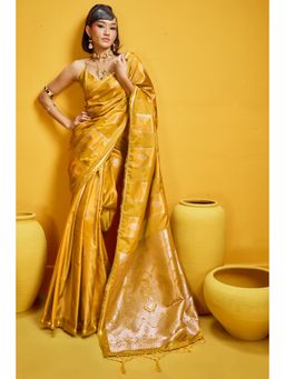 Mysilklove - Women Trombone Yellow Banarasi Handloom Satin Silk Saree with Unstitched Blouse